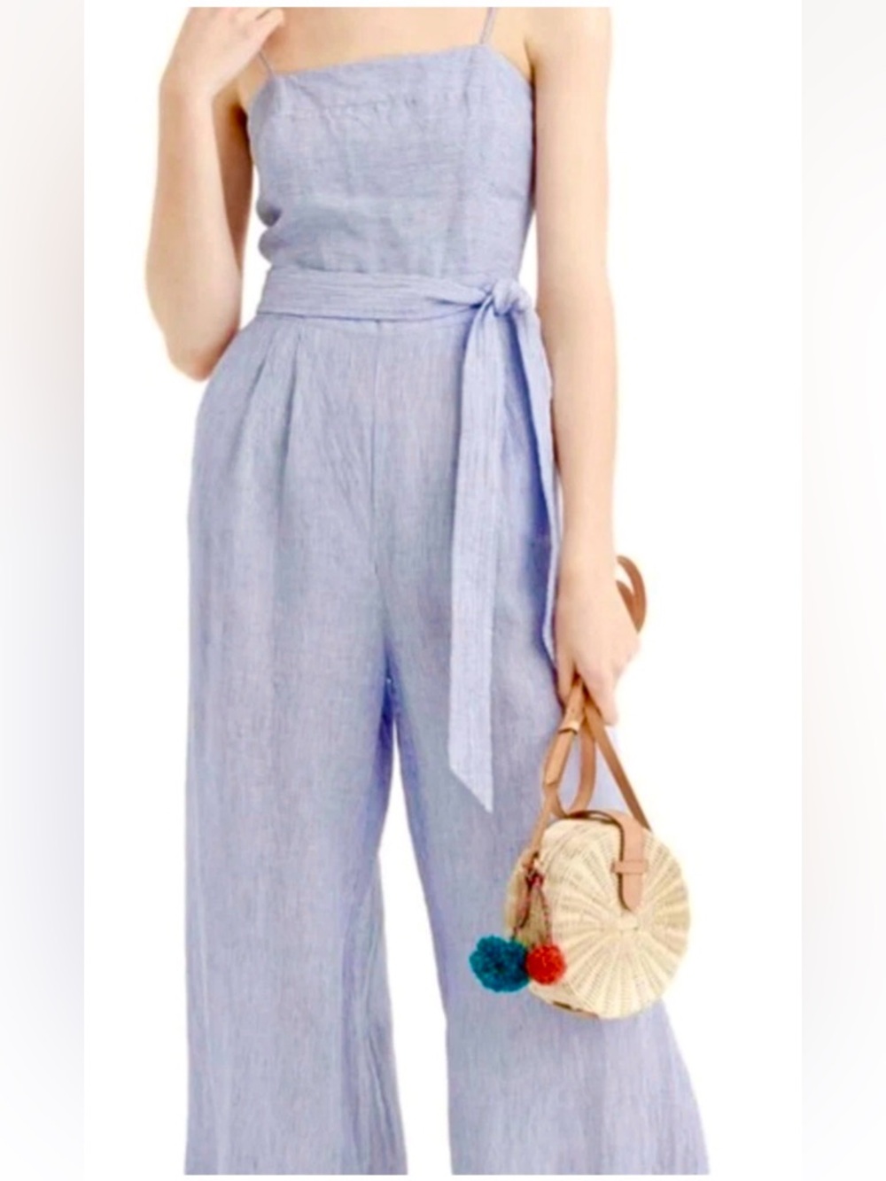 J.Crew Spaghetti Strap Jumpsuit in Blue Striped Beauchamps Linen SIZE 6 - Picture 2 of 10